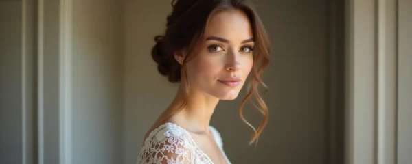 Portrait réaliste d'une mariée à Lille avec une coiffure élégante, fond neutre et éclairage cinématographique