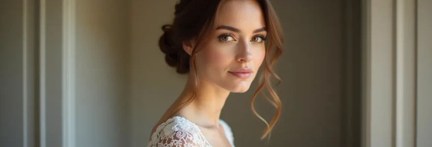 Portrait réaliste d'une mariée à Lille avec une coiffure élégante, fond neutre et éclairage cinématographique